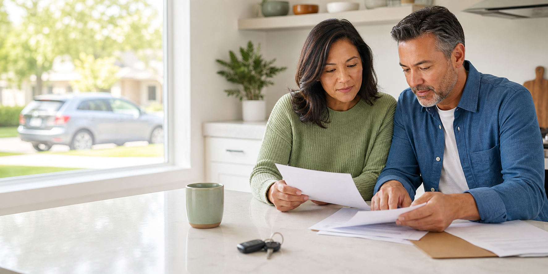 A couple reviewing auto insurance paperwork at a kitchen table.